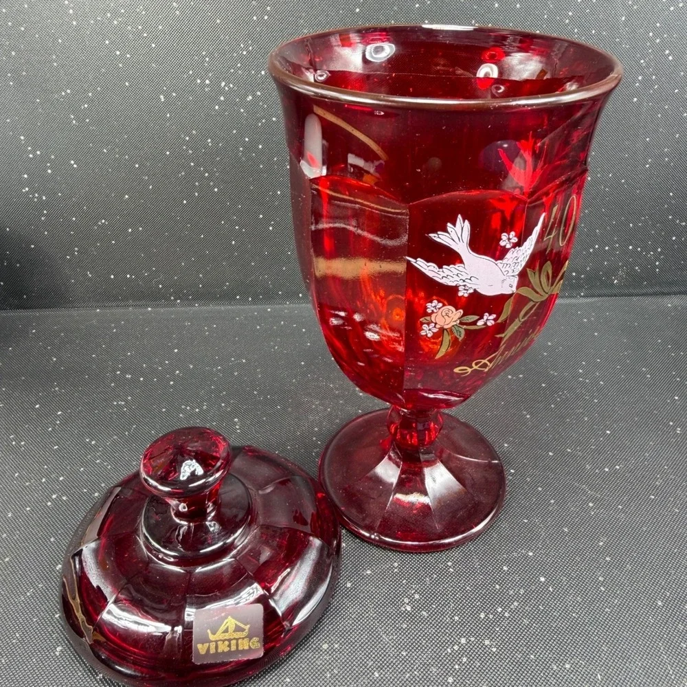 Viking Glass Ruby Red 40th Anniversary Candy Dish with Lid Doves Vintage 9 inch